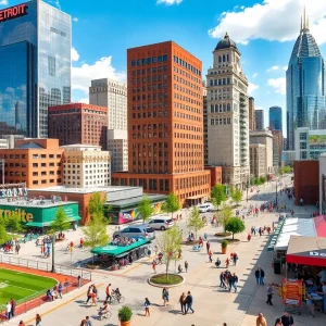 A cityscape photograph of Detroit showcasing sports and entertainment venues.