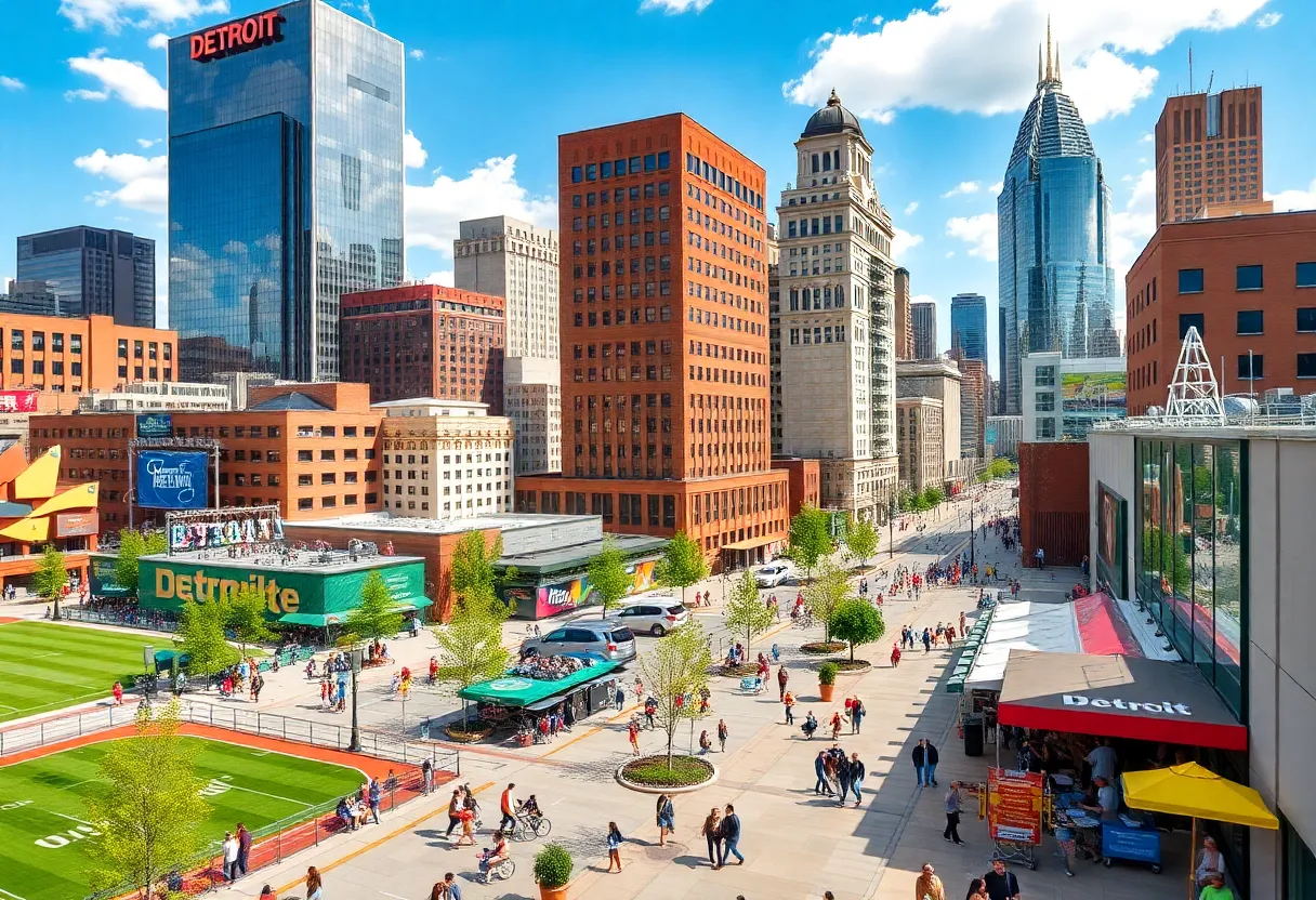 A cityscape photograph of Detroit showcasing sports and entertainment venues.