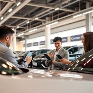 A bustling car dealership with digital screens showing online sales interactions.