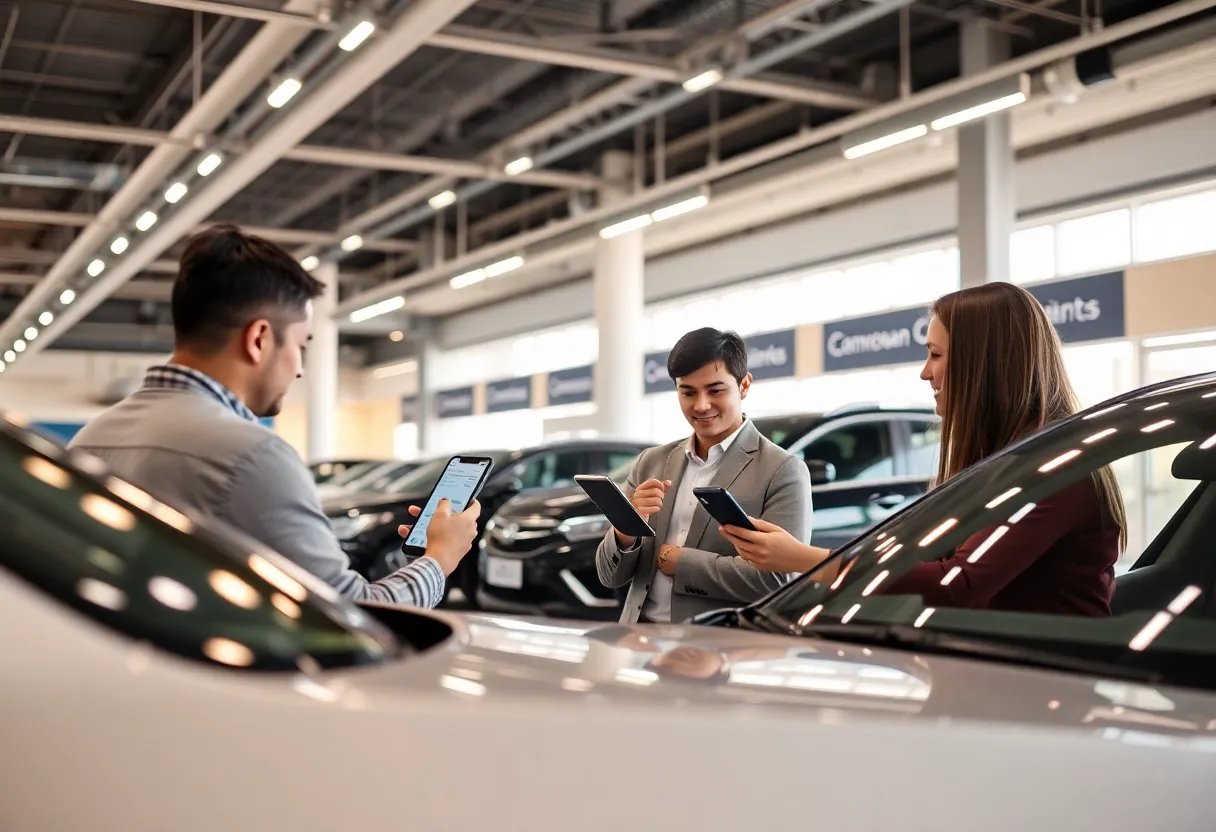 A bustling car dealership with digital screens showing online sales interactions.