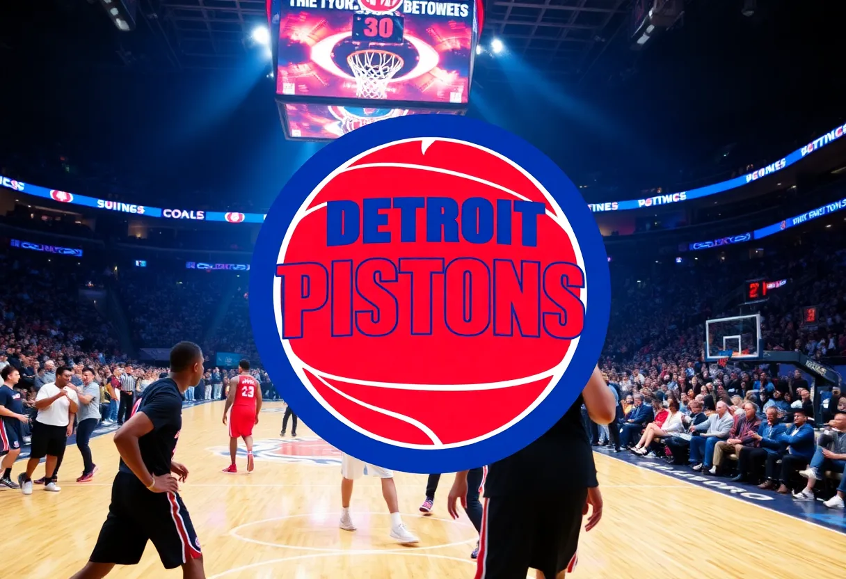 Basketball scene with Detroit Pistons logo and trading activity