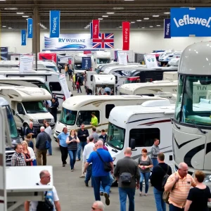Attendees at the Detroit RV Show examining different RV models.