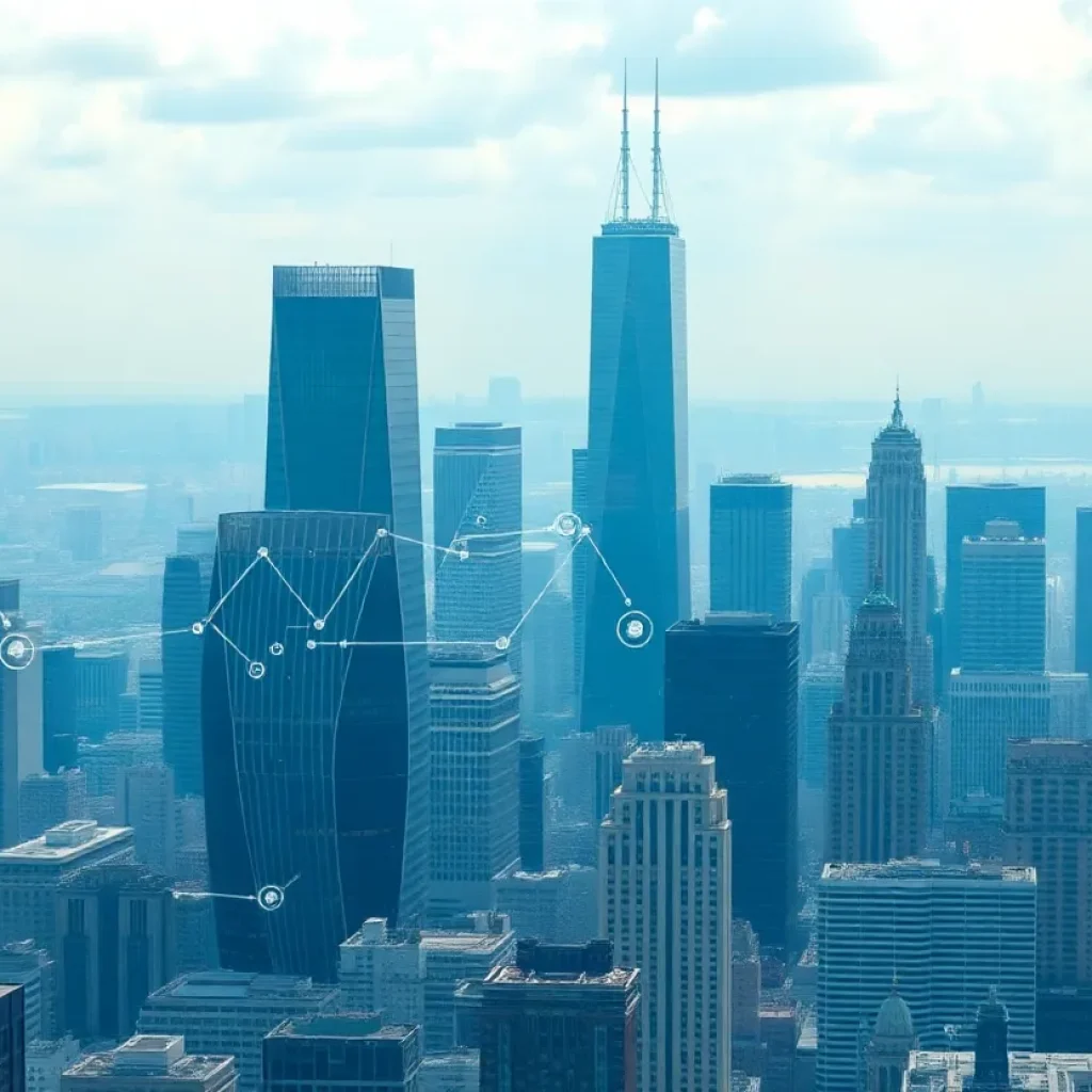 City skyline with financial district at sunset as the Dow Jones hits 50,000.