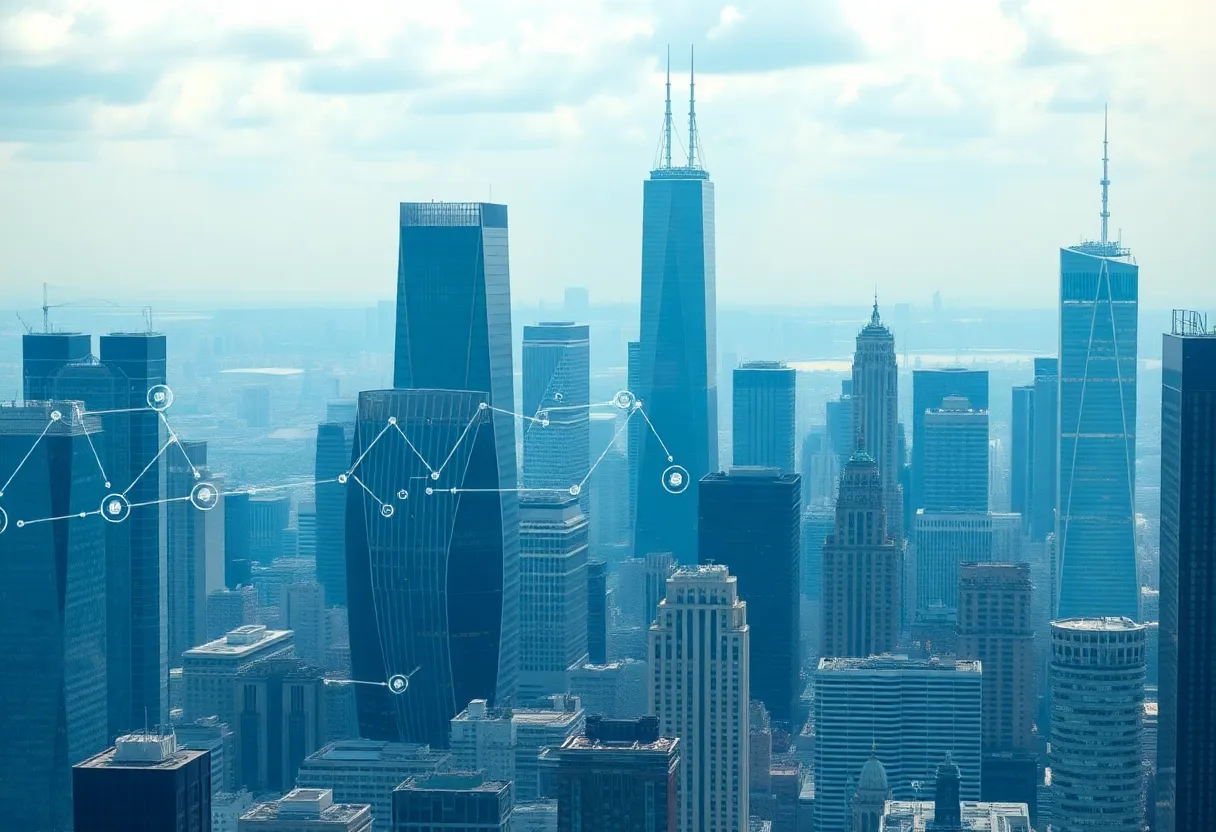 City skyline with financial district at sunset as the Dow Jones hits 50,000.