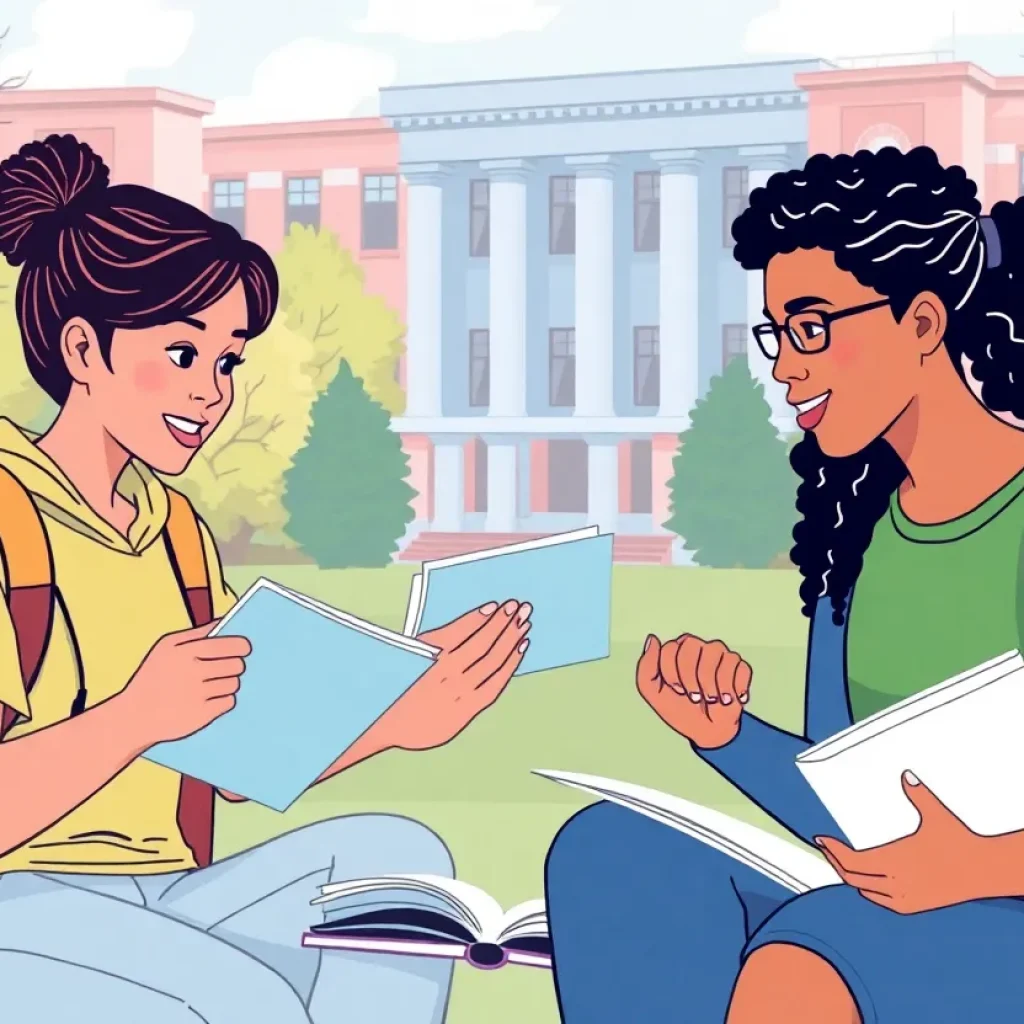 A diverse group of high school students studying on a college campus for dual enrollment programs.