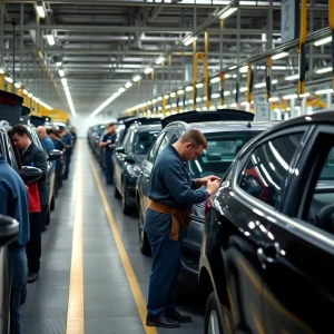 Submit A Wedding Announcement Ford factory workers assembling vehicles.