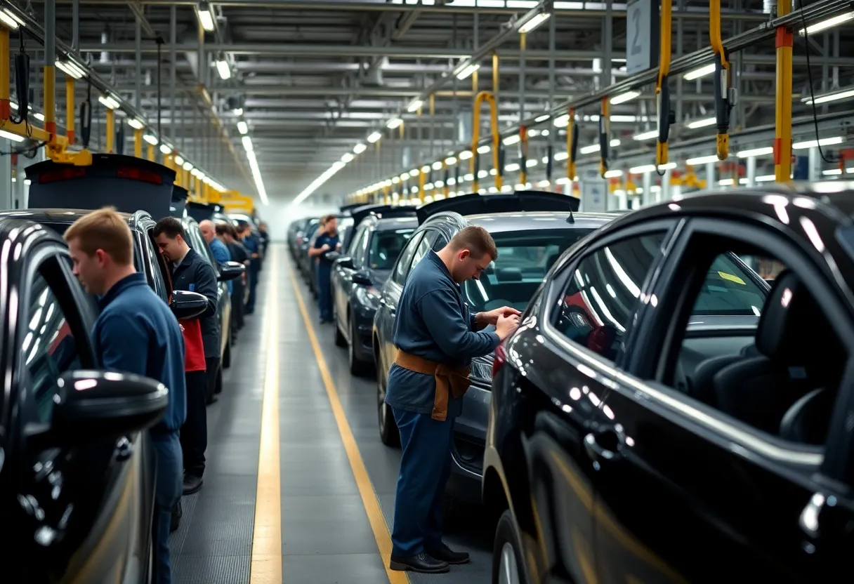 Ford factory workers assembling vehicles.