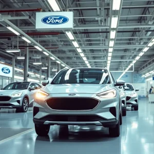 Illustration of a Ford and Geely manufacturing partnership in a factory setting