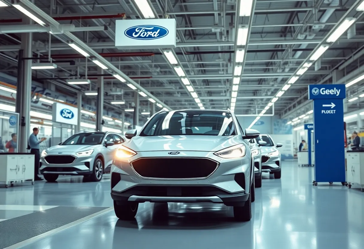 Illustration of a Ford and Geely manufacturing partnership in a factory setting