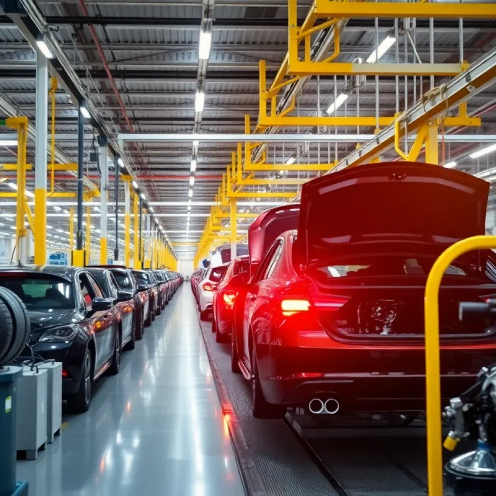 Interior of a General Motors assembly line showing automotive production.