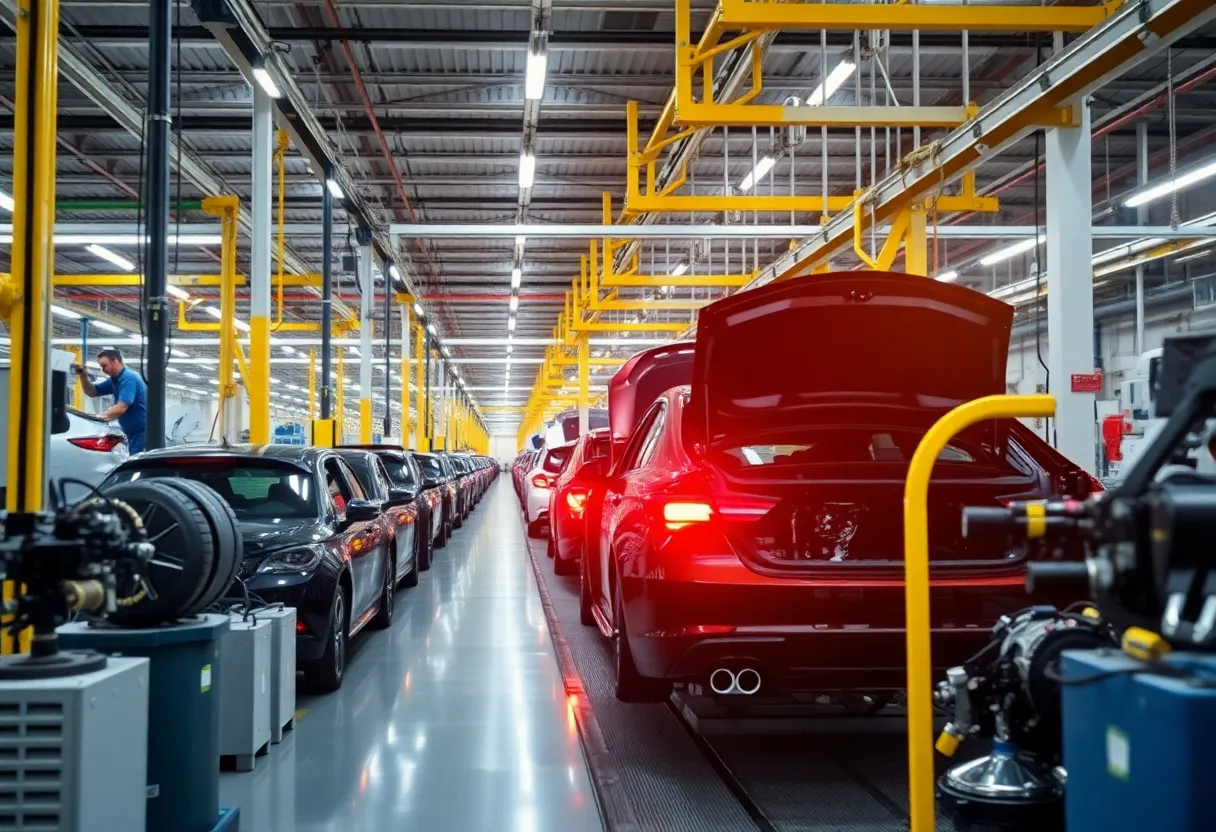 Interior of a General Motors assembly line showing automotive production.