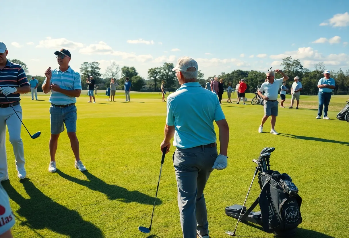 Golfers of various ages enjoying a game on a sunny golf course