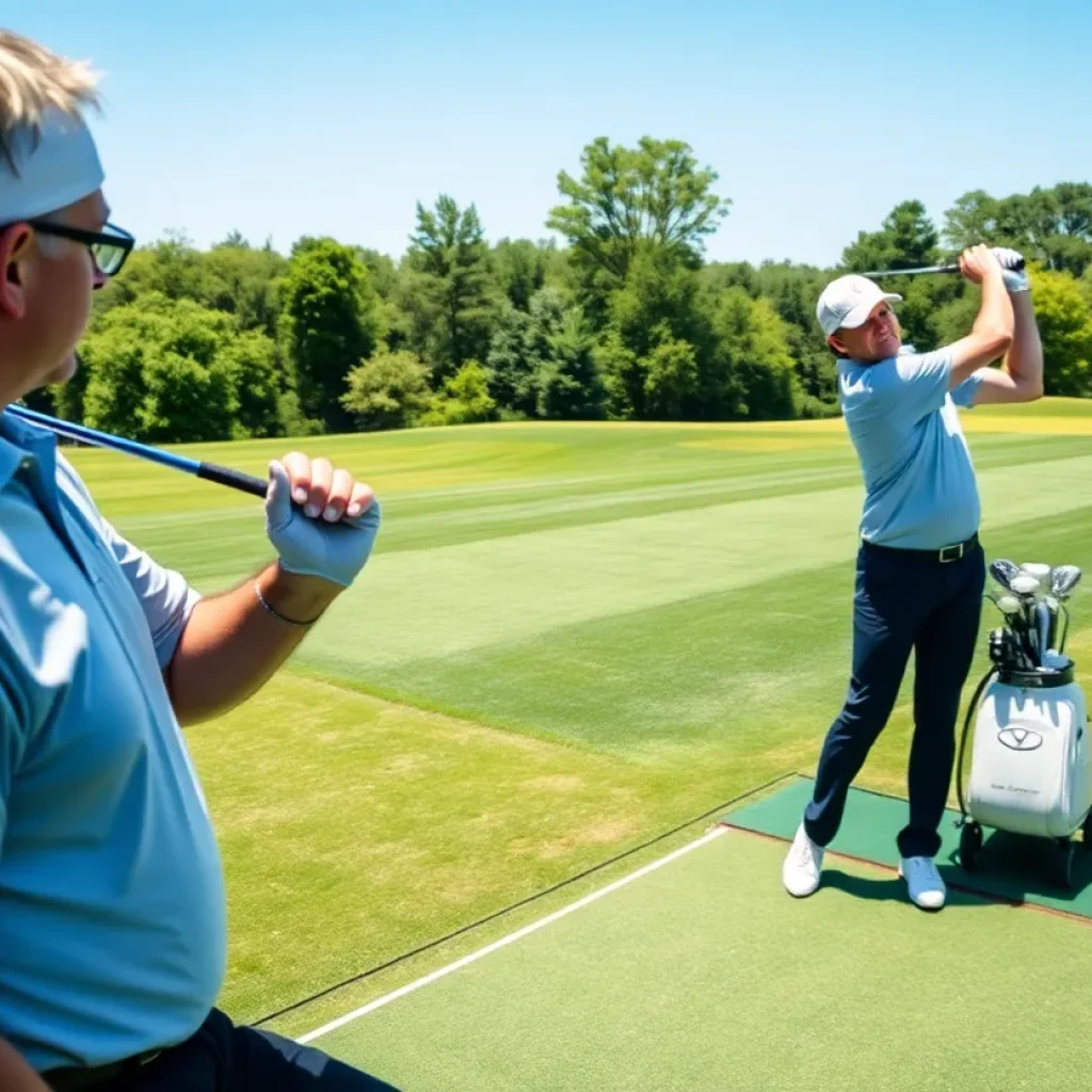 Golfer using instruction to improve swing on driving range