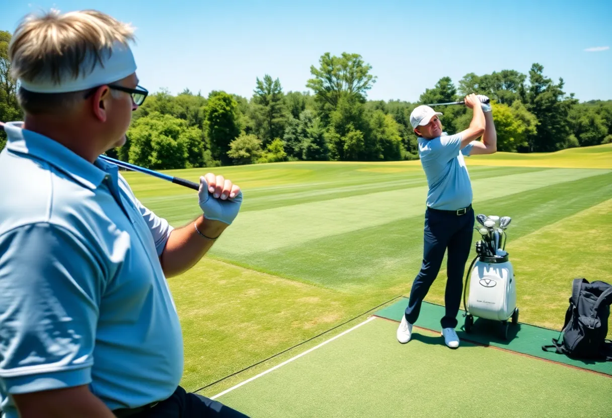 Golfer using instruction to improve swing on driving range