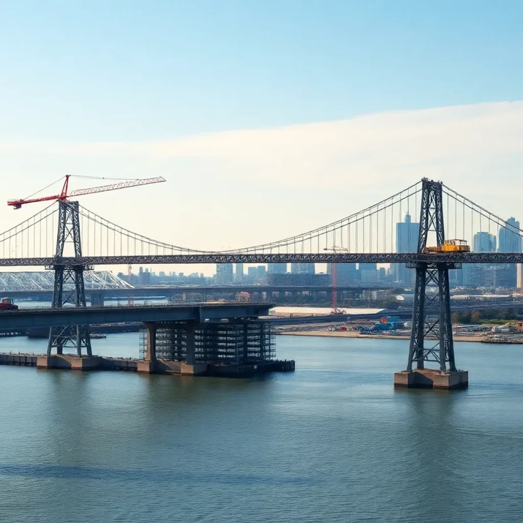 Construction of the Gordie Howe International Bridge connecting Detroit and Windsor