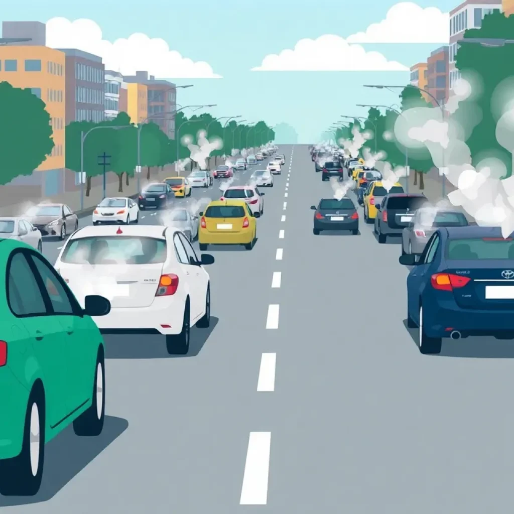 Cars on a road with visible exhaust emissions