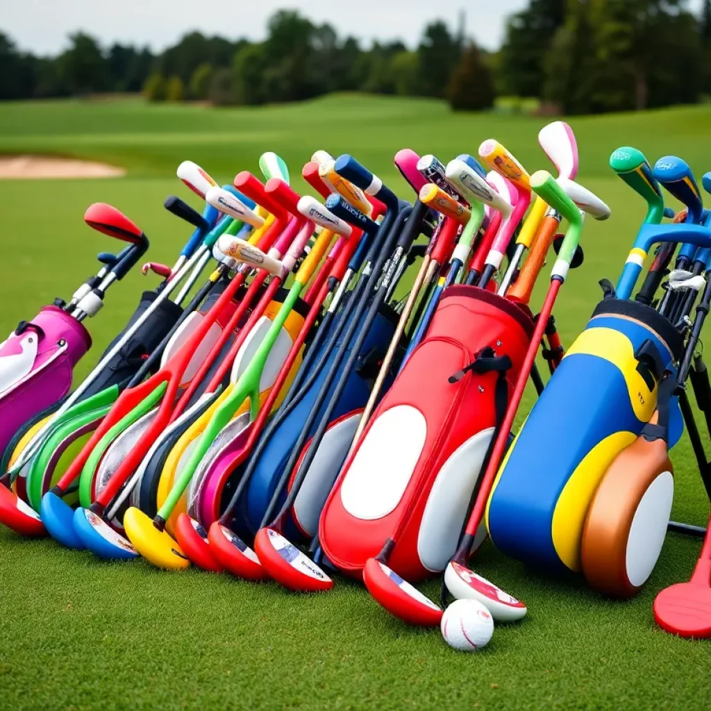 Various junior golf club sets displayed on a golf course