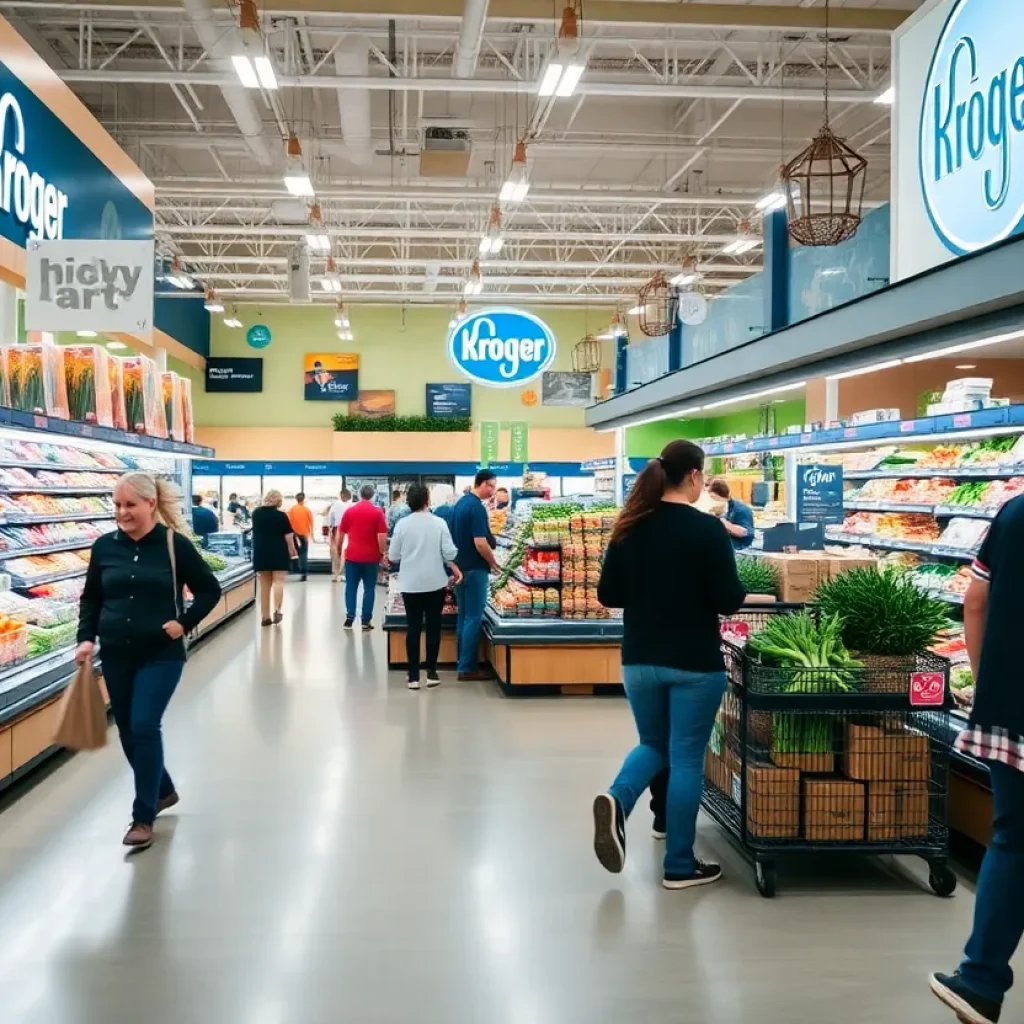 Interior view of a Kroger store in Michigan with customers shopping.