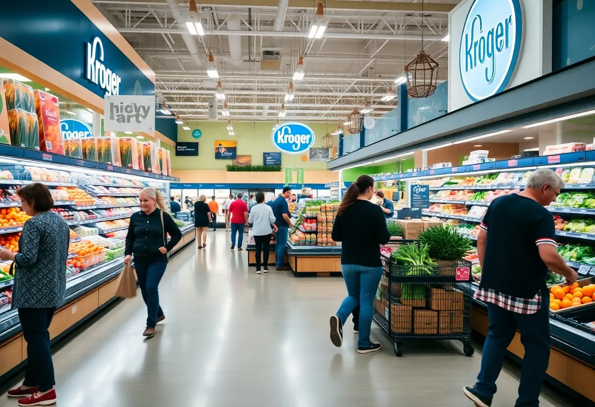 Interior view of a Kroger store in Michigan with customers shopping.