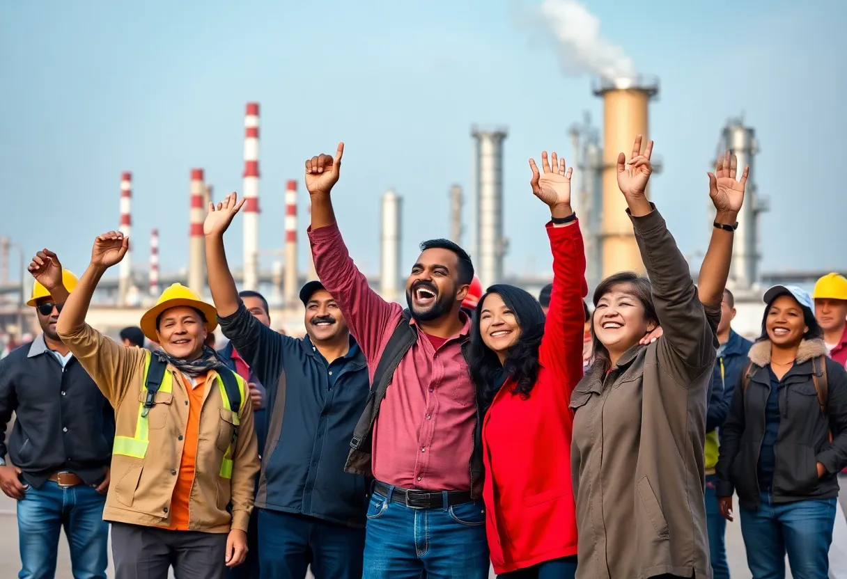 Celebration of successful labor negotiation among workers