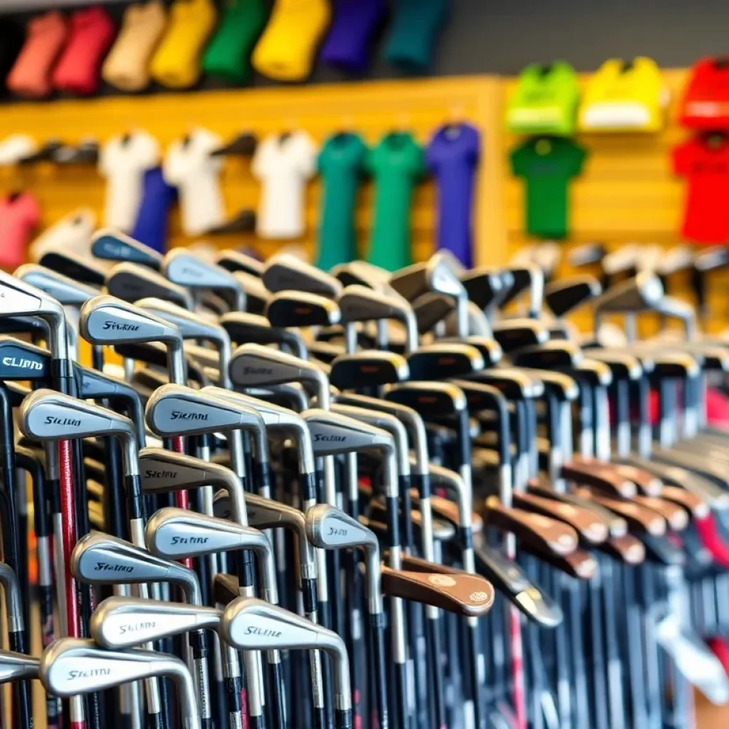 Display of left-handed golf clubs in a store