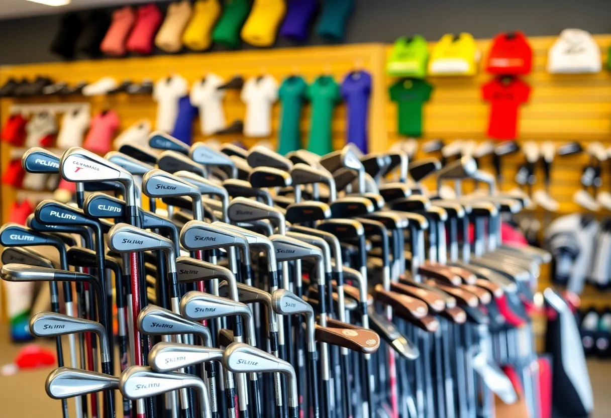 Display of left-handed golf clubs in a store