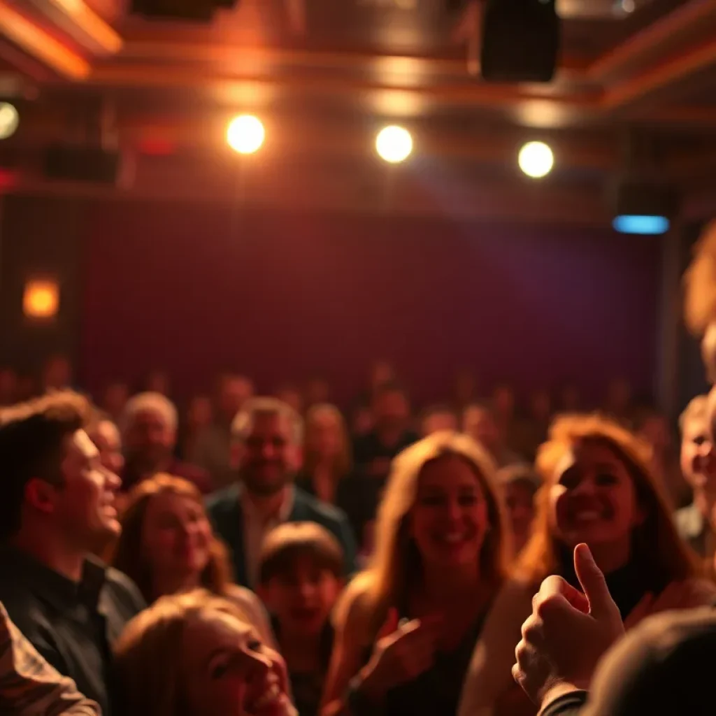 Audience enjoying a comedy show with stage lights