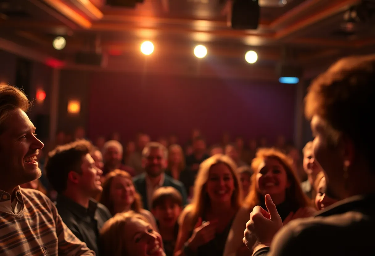 Audience enjoying a comedy show with stage lights