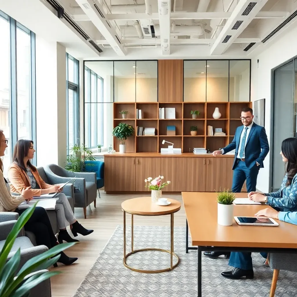 Financial advisors working with clients in an office setting