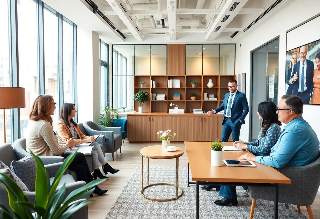 Financial advisors working with clients in an office setting
