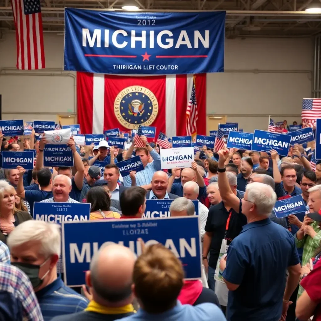 A political campaign gathering in Michigan with supporters and banners.