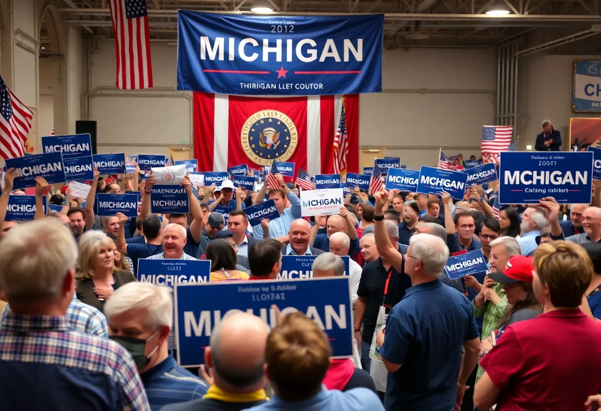 A political campaign gathering in Michigan with supporters and banners.