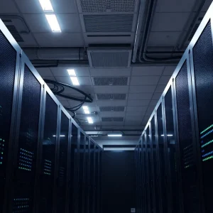 Interior view of a modern data center filled with servers and technology.