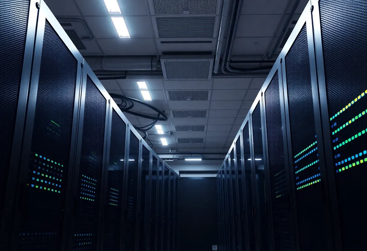 Interior view of a modern data center filled with servers and technology.