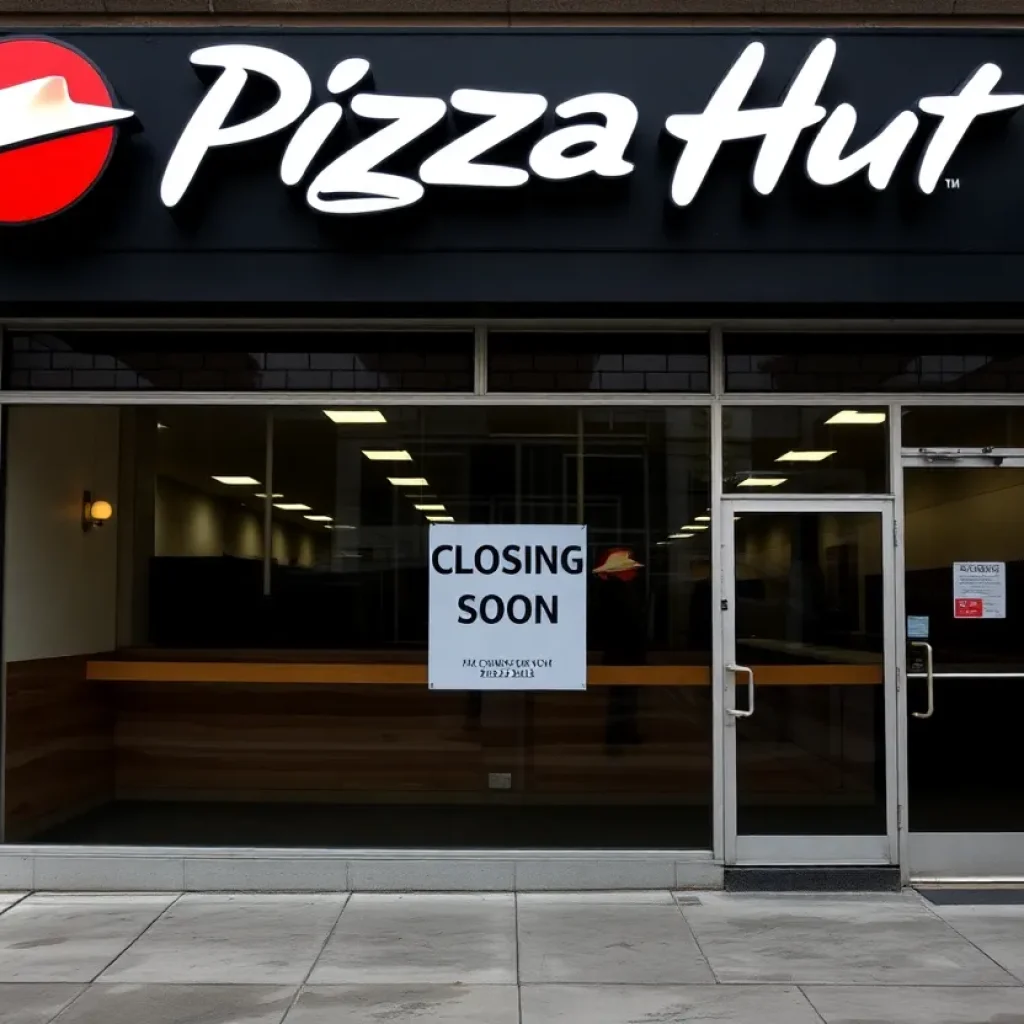 Exterior view of a closed Pizza Hut restaurant with a sign indicating closures.