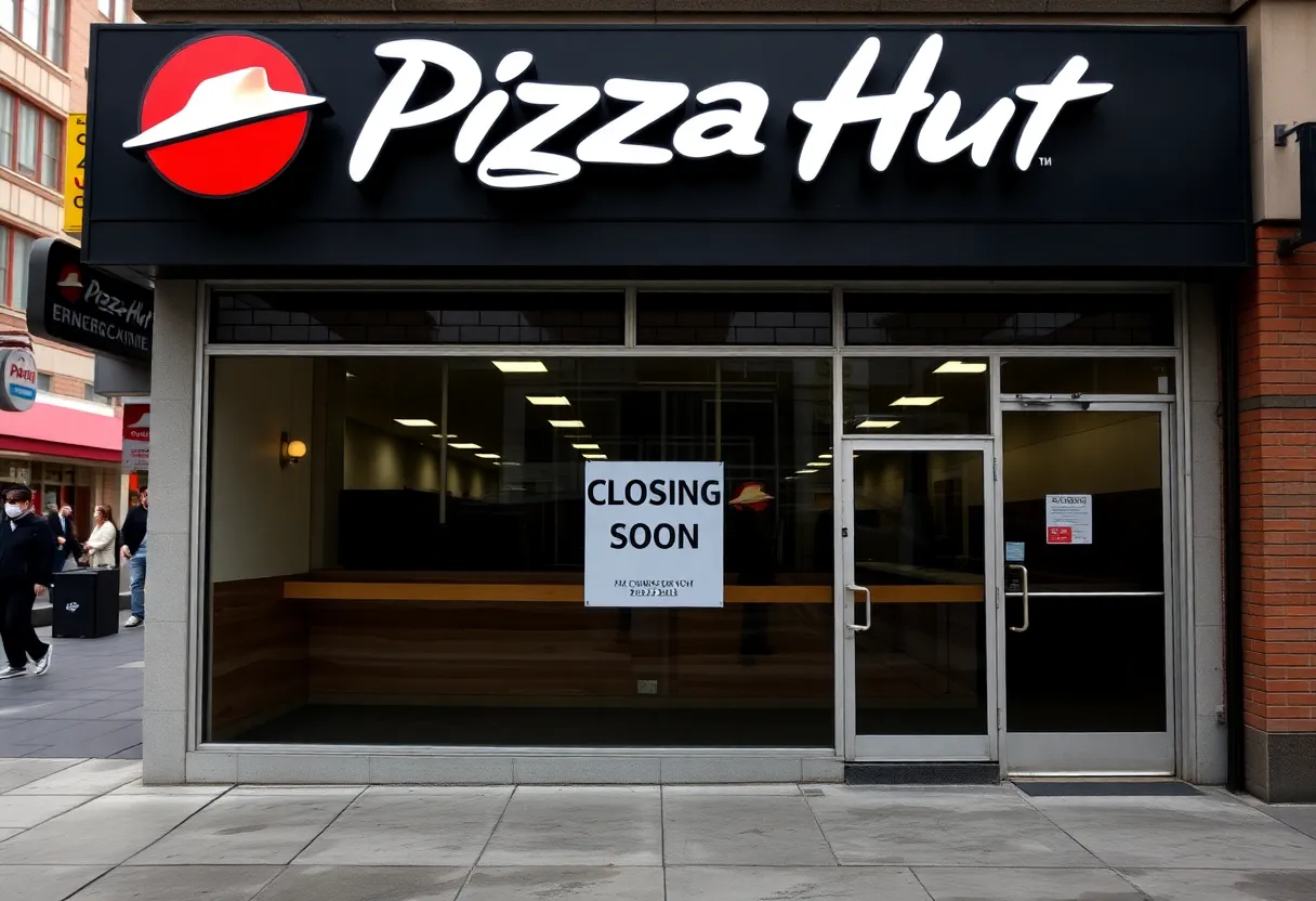Exterior view of a closed Pizza Hut restaurant with a sign indicating closures.