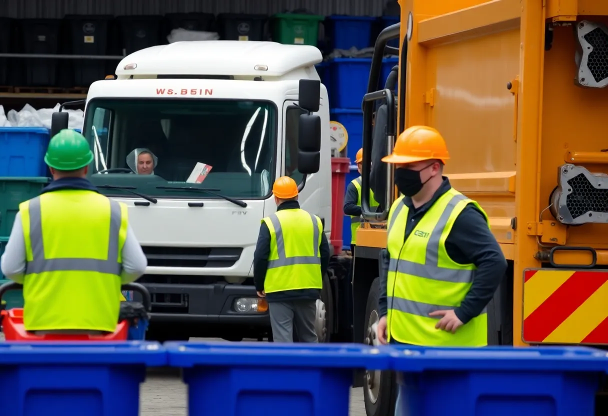 Workers at Priority Waste facility managing waste collection operations.