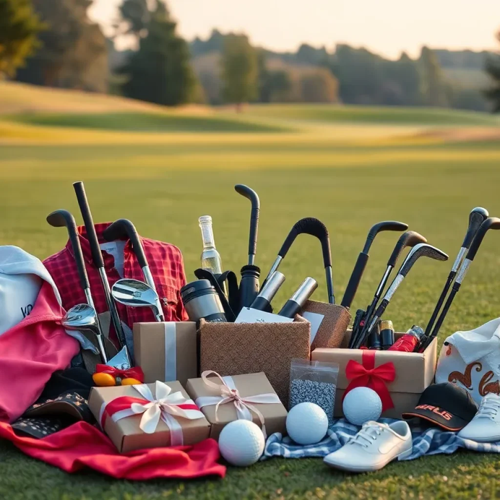 Assorted golf gifts for Valentine's Day on a golf course
