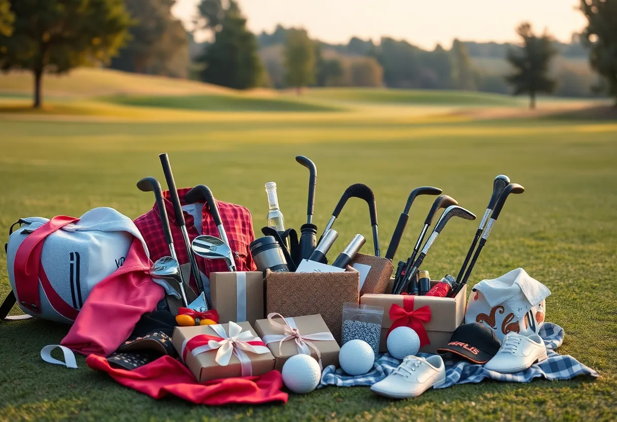 Assorted golf gifts for Valentine's Day on a golf course
