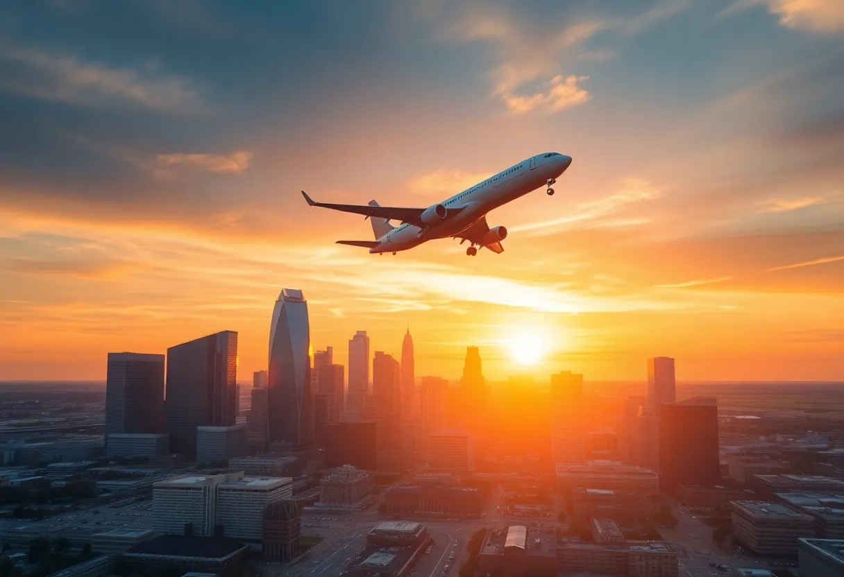 An airplane representing Volaris flying over Detroit skyline