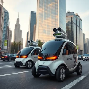 Futuristic city with Waymo robotaxis