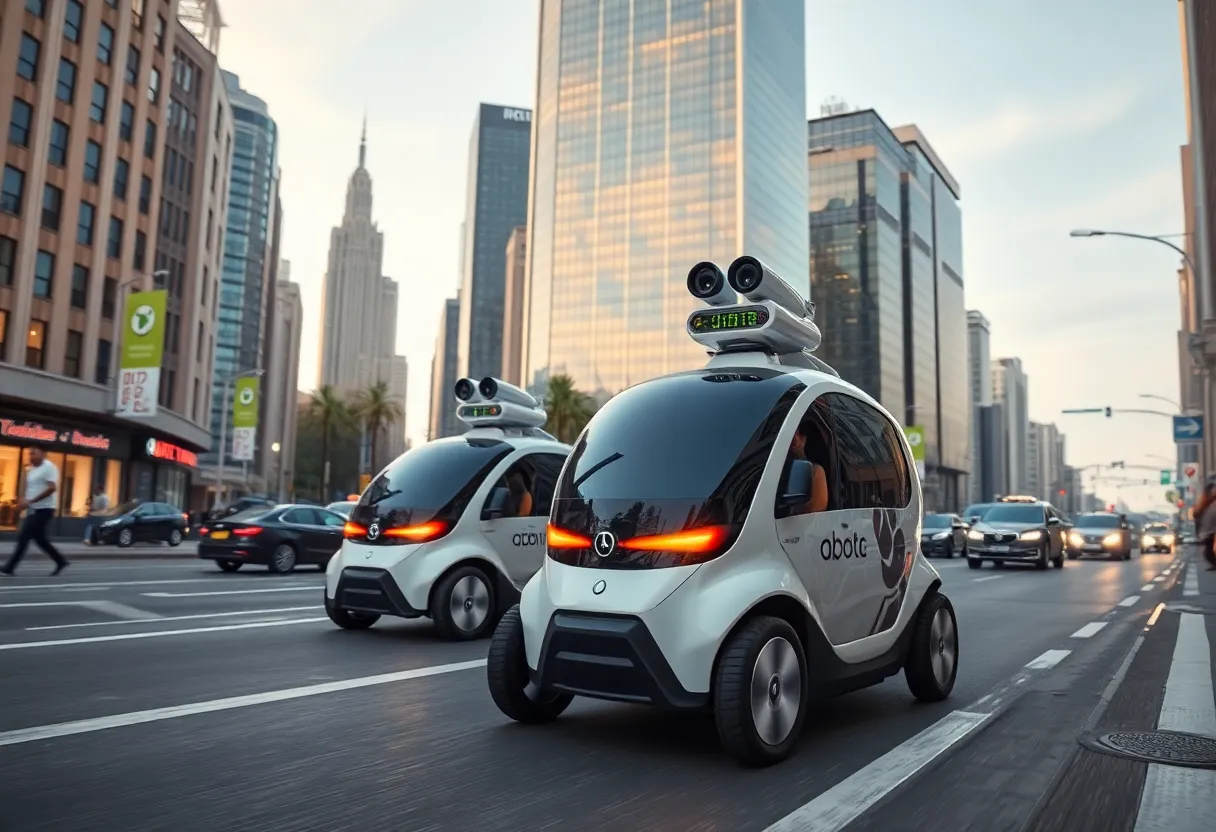 Futuristic city with Waymo robotaxis