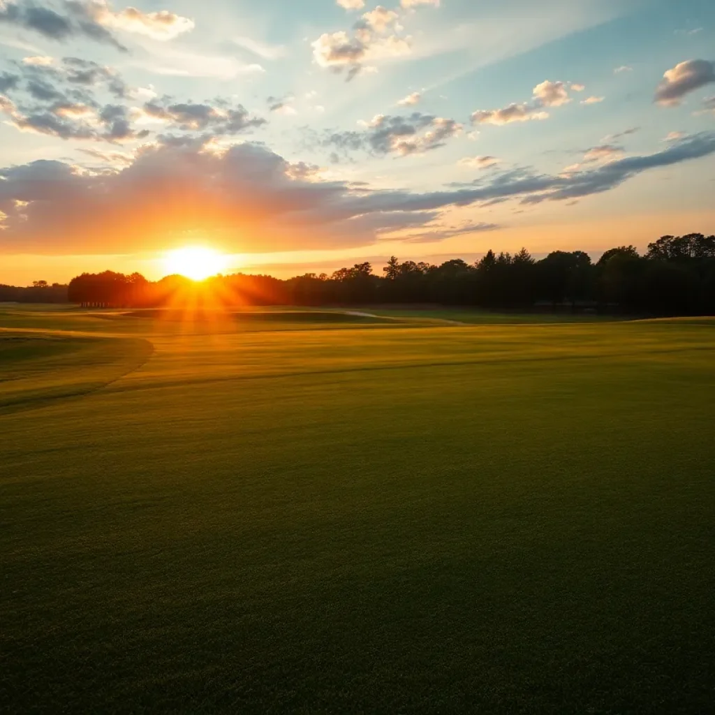A beautiful view of a golf course at sunset representing the golfing community