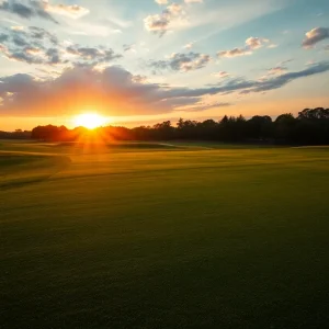 A beautiful view of a golf course at sunset representing the golfing community