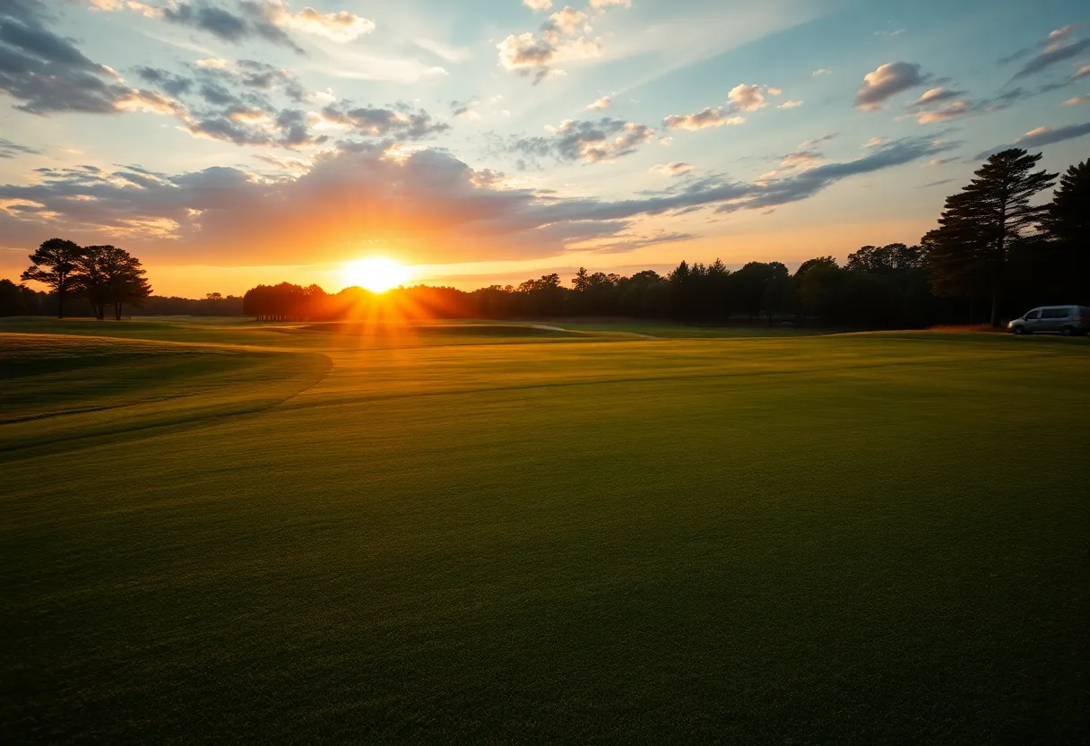 A beautiful view of a golf course at sunset representing the golfing community