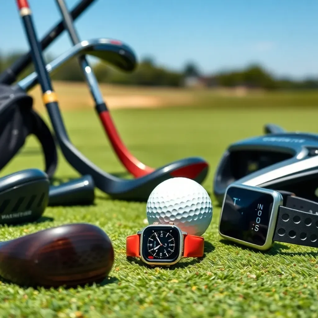A collection of modern golf clubs and equipment on a green golf course.