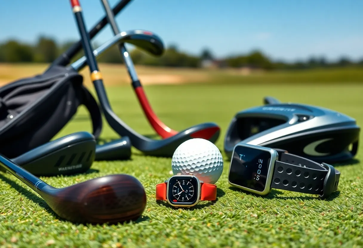A collection of modern golf clubs and equipment on a green golf course.