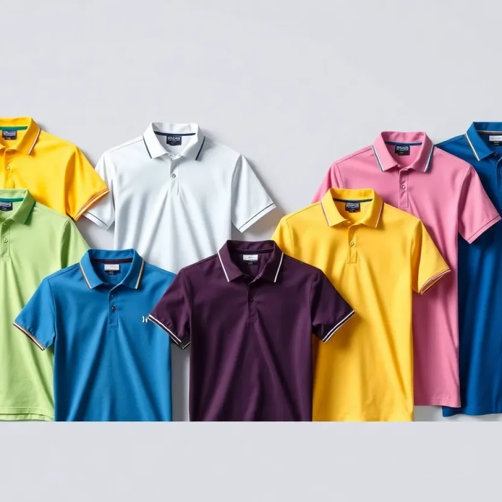 A collection of colorful golf polo shirts arranged neatly, ideal for golfing.