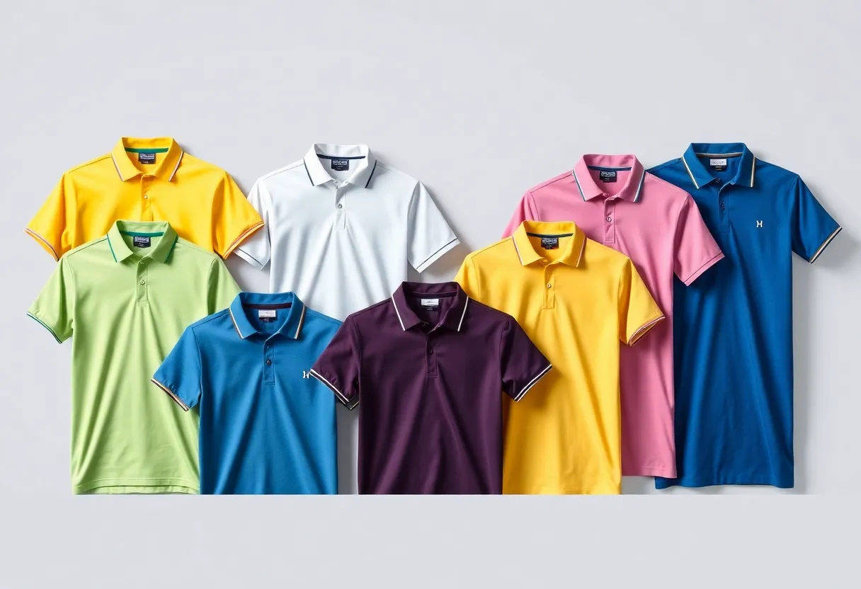 A collection of colorful golf polo shirts arranged neatly, ideal for golfing.