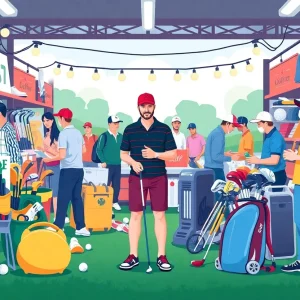 Illustration of a golf resale marketplace with diverse golfing equipment